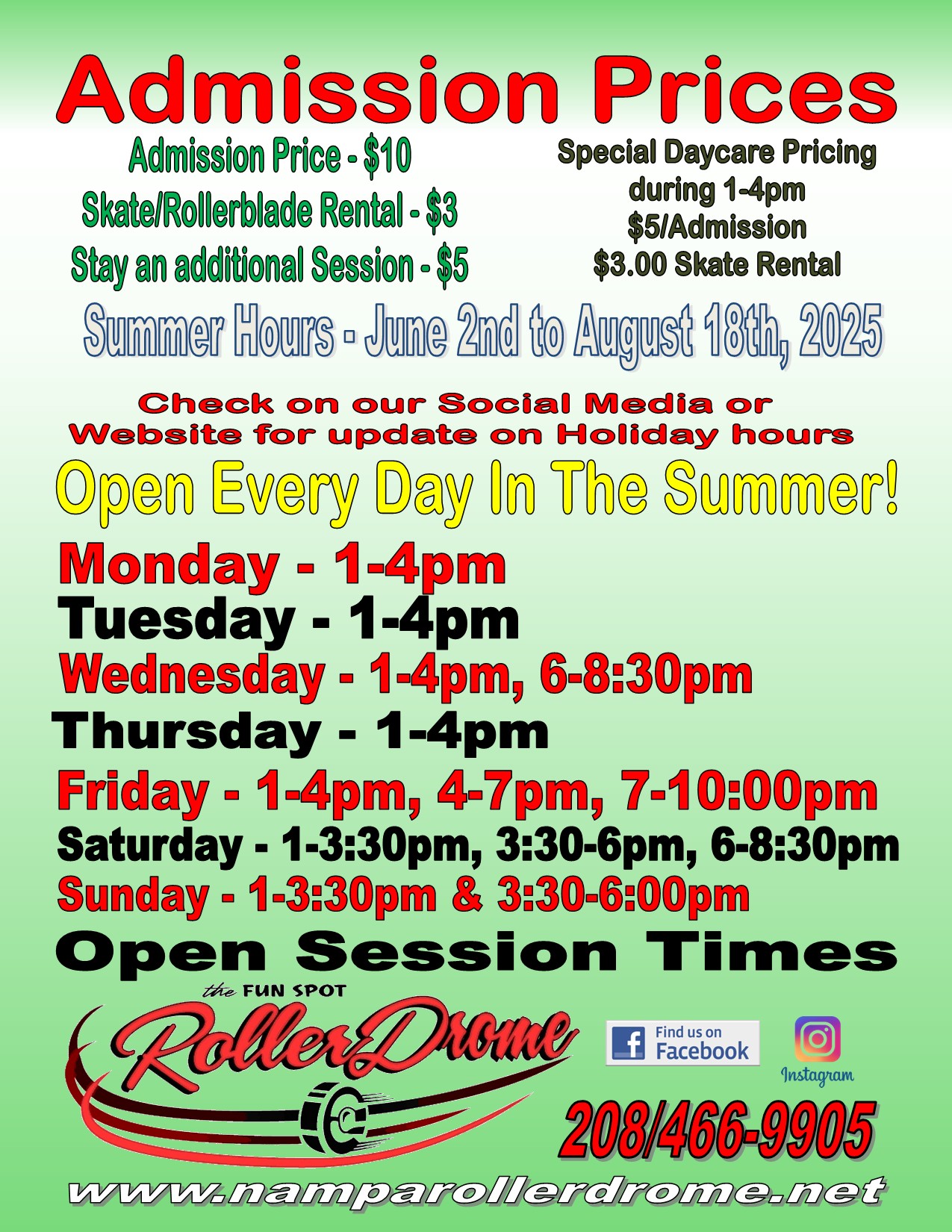 2025 Summer Treasure Valley Area Skating Hours